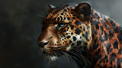 Obraz premium A tight shot of a leopard's expressive face against a dark backdrop, with raindrops cascading down