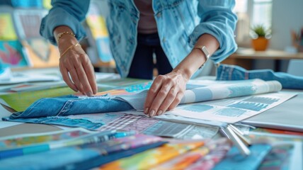 Hands of a designer touching and examining the quality of biodegradable denim, with sketches and eco-friendly fabric samples in the background