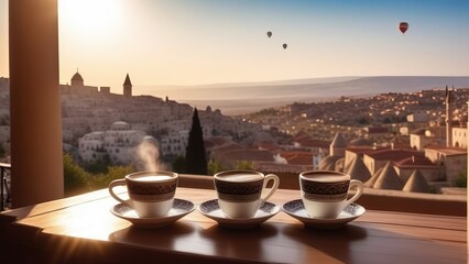 Traditional Turkish coffee on a balcony with the beautiful Turkish city of Cappadocia in the background, a cup of coffee or tea on a blurred background of an evening Turkish city with balloons