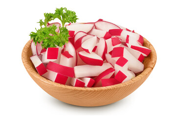 Radish slices in wooden bowl isolated on white background with full depth of field