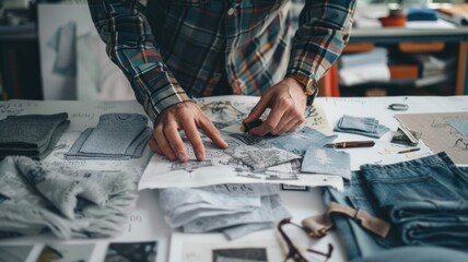 Hands of a designer touching and examining the quality of biodegradable denim, with sketches and eco-friendly fabric samples in the background