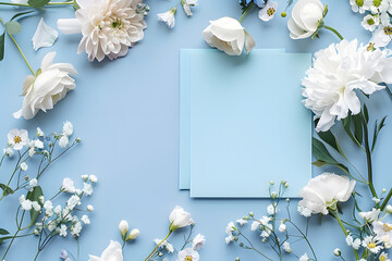 Stylish elegant flat lay blue floristic greeting invitation post card with copy space.
