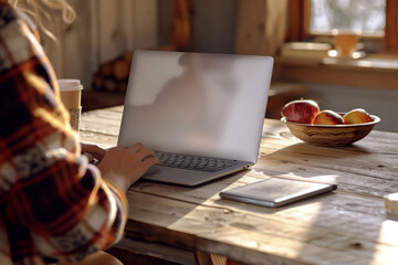 A serene home office setup with a person in a checkered shirt working on a laptop, illuminated by natural light.