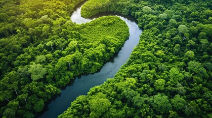 Overhead shot of a winding river cutting through a dense, vibrant green forest, highlighting nature's intricate patterns. aerial view. Resplendent.