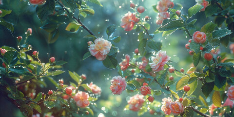 Wild roses bush in rain, on rainy waerher, water droplet on petals. © 22ach