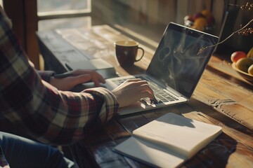 A serene home office setup with a person in a checkered shirt working on a laptop, illuminated by natural light.
