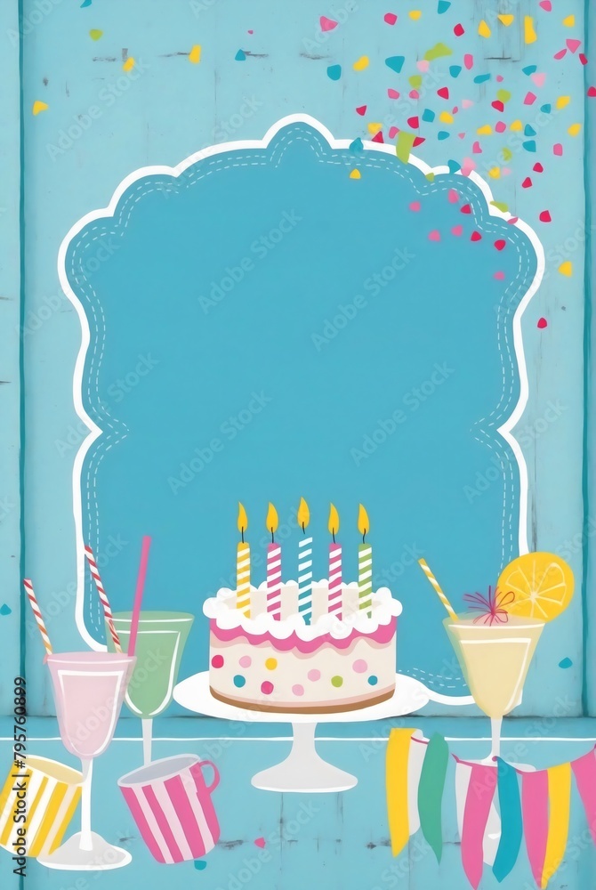 Wall mural Birthday card with colorful cake and candles, drinks and confetti on a blue background, vintage wooden frame banner adds charm, party invitation - Wall murals