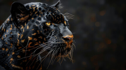   A tight shot of a black leopard's face, displaying its distinctive orange and black spots pattern in the fur - obrazy, fototapety, plakaty