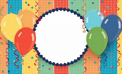 Birthday card with featuring round framer banner in the center, with copy space,  surrounded by colorful balloons and confetti, brightly colored striped and dotted background 