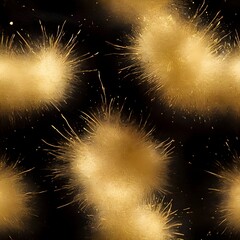Golden fluffy abstract blots on black. Abstract background, wallpaper, pattern, Generative AI