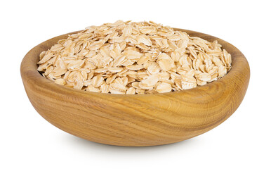 Oat flakes in wooden bowl isolated on white background with full depth of field