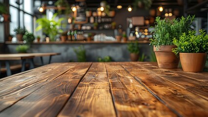 Wooden board on blurred background in restaurant for product display. Concept Restaurant Interior, Product Display, Wooden Board, Blurred Background, Showcase