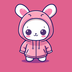 A cute cartoon rabbit wearing a pink hoodie. The rabbit has a big smile and is looking up at the camera
