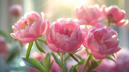   A vase filled with pink flowers, sunlit from behind the window, and a softly blurred background