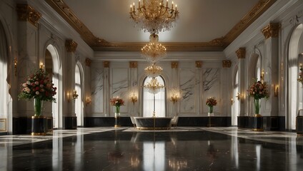 Fototapeta premium luxurious hotel reception lobby featuring opulent decor with marble floors, grand chandeliers, plush velvet ai_generative