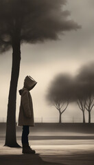 Mysterious figure in coat and hat standing by a tree against a foggy park backdrop, creating an atmosphere of mystery and intrigue