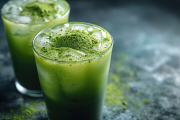 Green Tea with Matcha Powder in Glass, Healthy Drink Concept