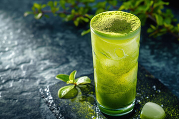 Green Tea with Matcha Powder in Glass, Healthy Drink Concept