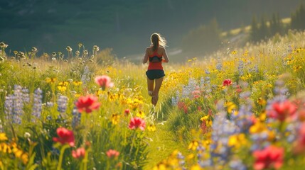 Obraz premium A female athlete in vibrant sportswear runs energetically through a field adorned with colorful wildflowers during a race. AIG41