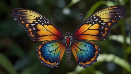 In a radiant garden, a mesmerizingly vibrant butterfly with intricate geometric angles adorns stunningly beautiful fairy-like wings, casting a spellbinding shadow on its surroundings ai_generative