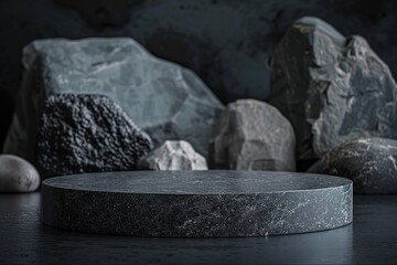 Dark pedestal for product showcase Rocks and stones on background