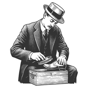 recommend clip art: gentleman carefully shining a shoe, depicting classic personal grooming sketch engraving generative ai fictional character vector illustration. Scratch board imitation. Black and white image.