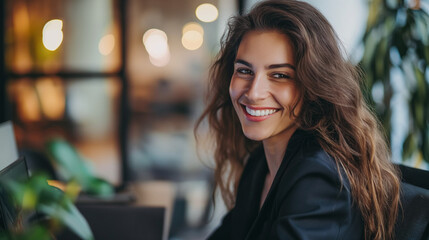 Smiling businesswoman communicating with colleague while working on laptop in office.