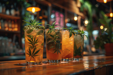 Assorted CBD cocktail drinks decorated with marijuana cannabis leaves in glasses
