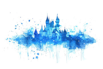 Watercolor Blue Magic Castle Isolated on White Background