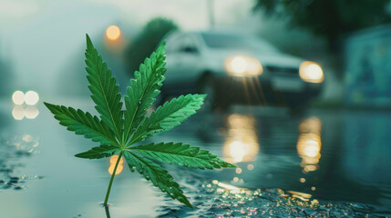 Cannabis leaf in front of a blurred vehicle as a symbolic image for cannabis use and driving