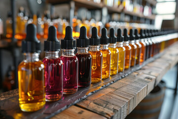 Array of cbd oil tinctures on wooden shelf in cannabis marijuana dispensary