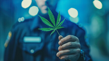 cannabis leaf in the hand of a police officer who is blurred in background