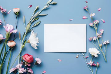 Stylish elegant flat lay blue floristic greeting invitation post card. - obrazy, fototapety, plakaty