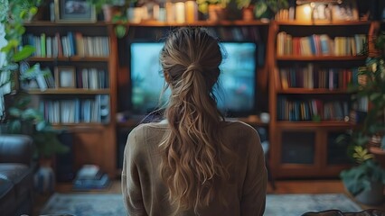 Girl at home consumed by technology addiction and sedentary lifestyle while choosing TV channel. Concept Technology Addiction, Sedentary Lifestyle, Home Environment, TV Channel Selection