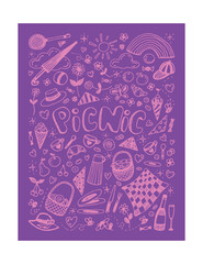 Picnic linear vector illustration on purple