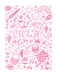 pink linear picnic vector illustration isolated on white background