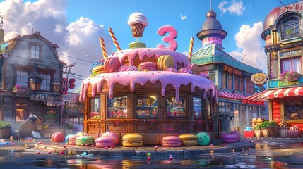   A painting of an ice cream shop situated in the heart of a bustling town, adorned with numerous scoops of ice cream