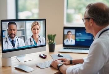 Physician in a lab coat conducting a virtual consultation with a patient. Illustrates telehealth services and medical advice.