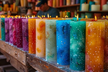 Handcrafted colorful candles lined up on a shelf