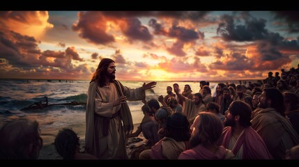 An HDR scene of Jesus by the seashore at sunset, reaching out to the viewer, with the crowd listening intently in the background, the sky ablaze with colors