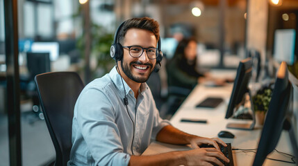 Fototapeta premium Smiling customer service representative working on computer in office