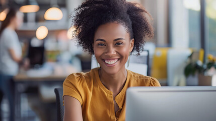 Smiling customer service representative working on computer in office