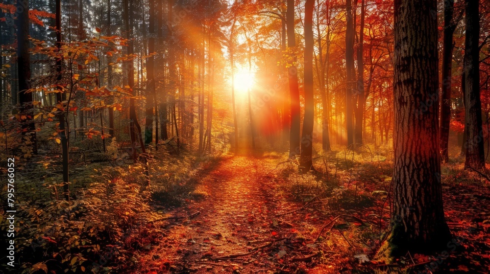 Poster Sunlight filtering through trees on forest path