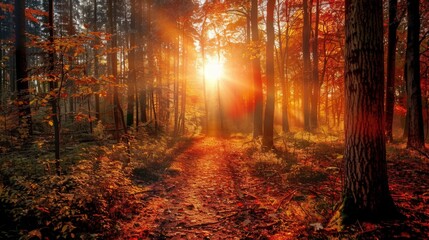 Sunlight filtering through trees on forest path