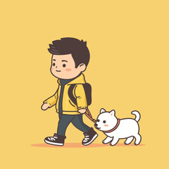 A young man is walking a white dog on a leash. The dog is small and white, and the man is wearing a yellow jacket. The scene is bright and cheerful, with the yellow jacket