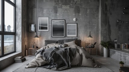 A modern bedroom design flaunting concrete walls, framed monochrome art, and ambient lighting, echoing urban sophistication.
