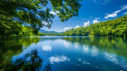 An image depicting a serene lake with crystal clear reflections, surrounded by lush forests under a bright blue sky