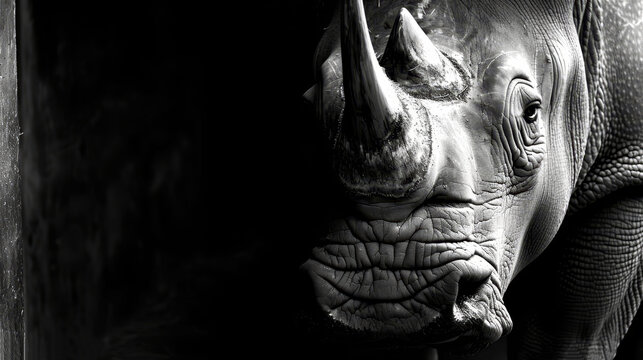  a black and white image of a rhino's head