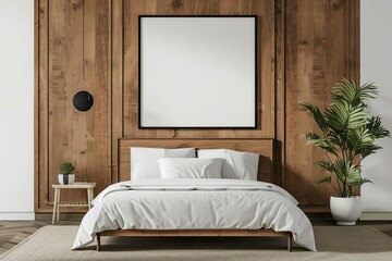 bedroom interior with framed poster mockup on light hardwood wall