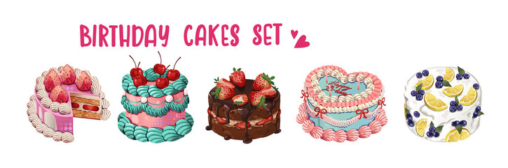 Birthday cakes collection. Hand drawn cakes with cream, chocolate, strawberries, cherries, candles and patterns.